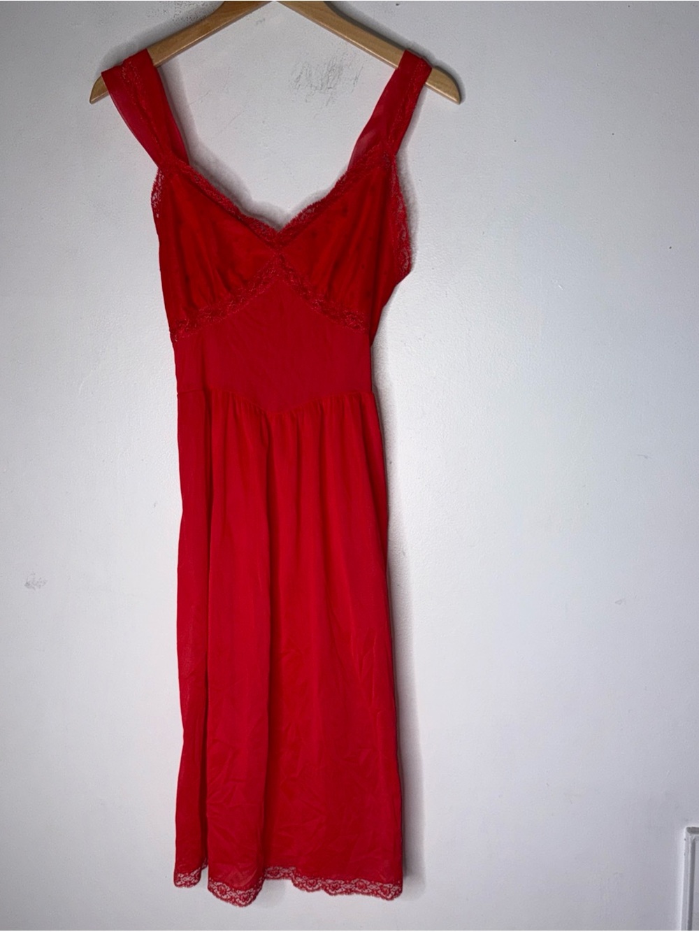 Vintage Rogers Red Nylon Midi Slip Dress Empire Waist Embroidery Bust 36